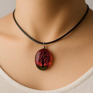 Oval Resin Red Floral Tree Pendant Necklace - 18" Black Cord Fashion Jewelry